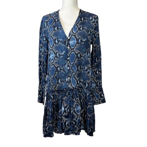 Zara Dresses & Skirts - ZARA‎ Dress Drop Waist Snakeskin Print Deep V-neck Button Blue Size Small